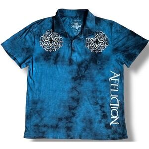 Affliction‎ Mens XL Blue Tie Dye Polo Shirt Gothic Cross Live Fast Graphic USA